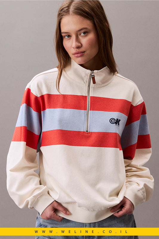 סווטשירט נשים Calvin Klein Rugby Stripe עם רוכסן 1/4