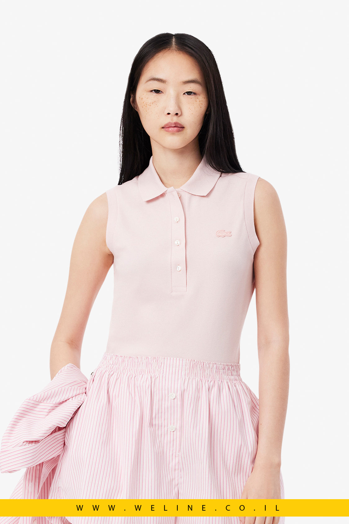 פולו לנשים ללא שרוולים בגזרת Slim – ורוד – Lacoste
