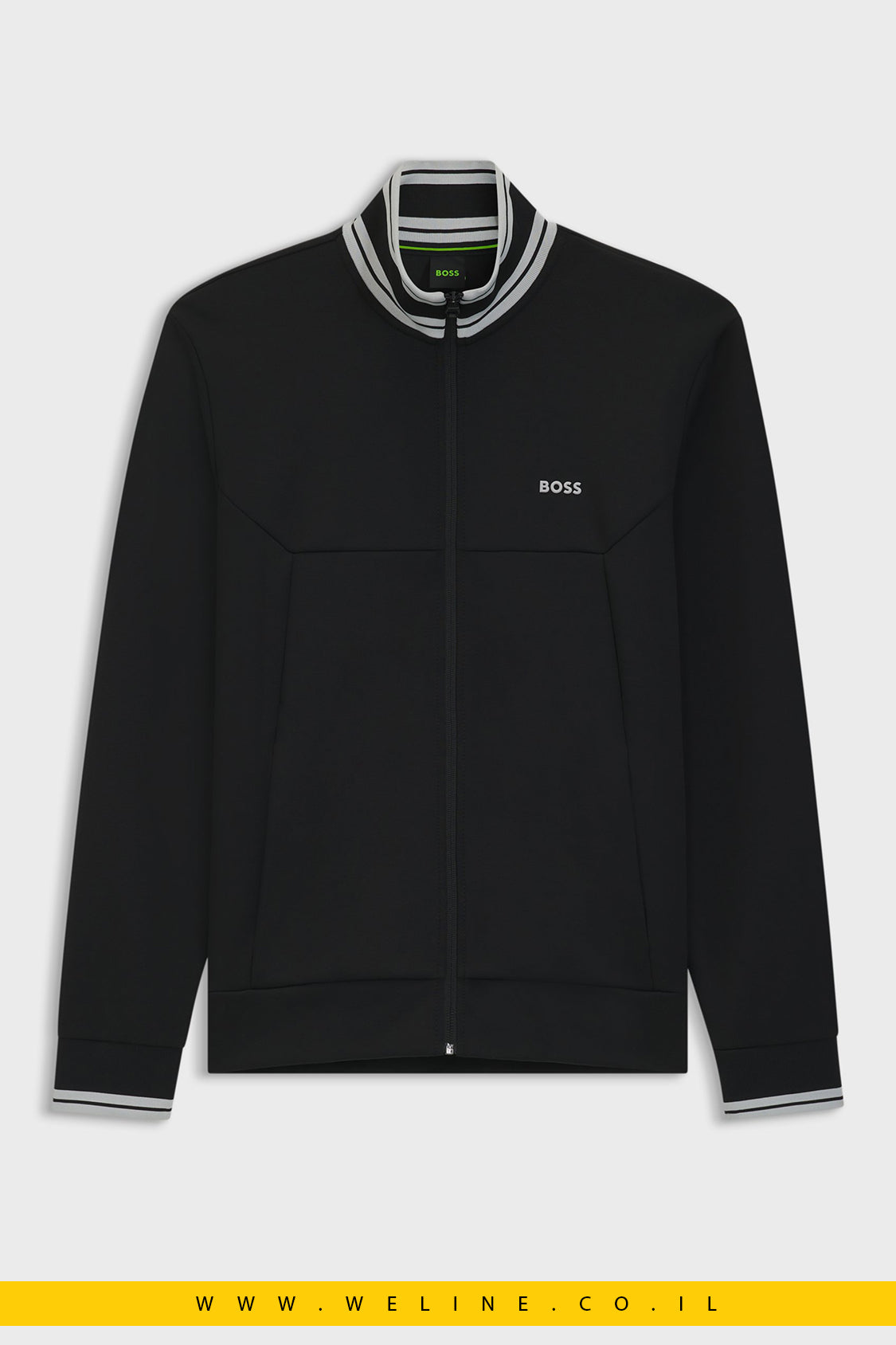 סווטשירט רוכסן מכותנה משולבת עם פסי פסים – BOSS (שחור)