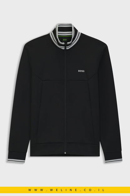 סווטשירט רוכסן מכותנה משולבת עם פסי פסים – BOSS (שחור)