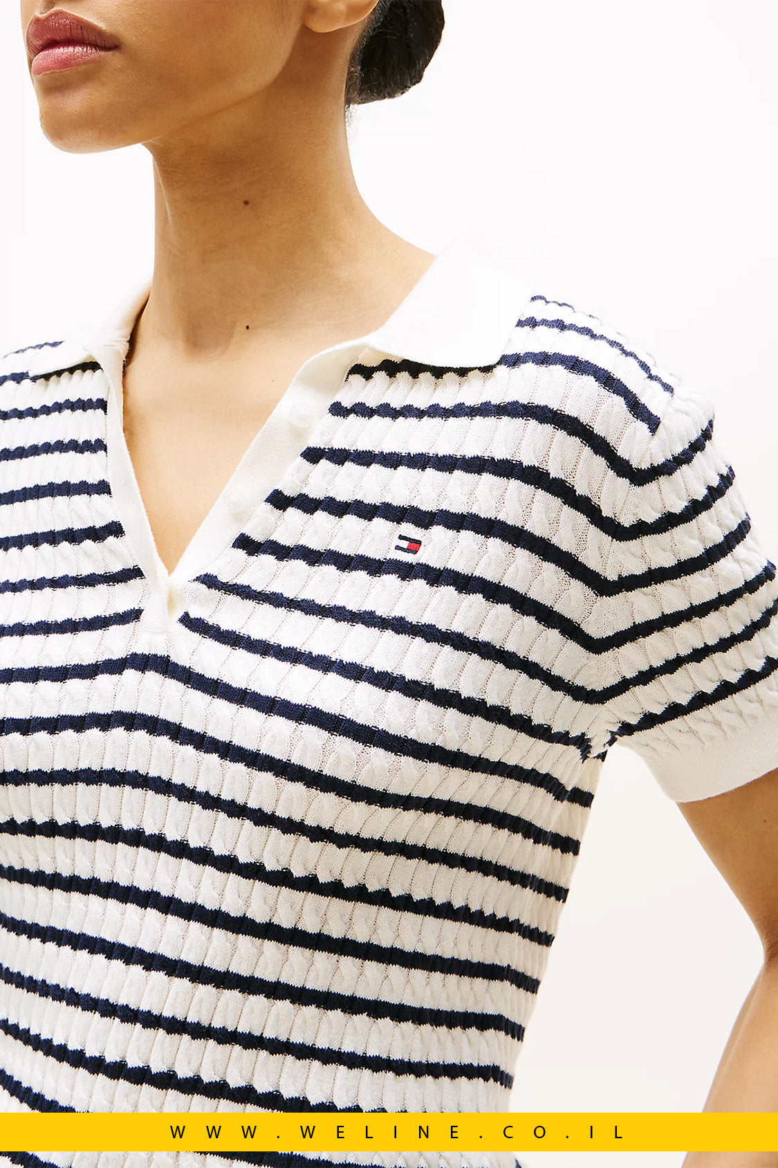 סוודר פולו קצר שרוול בסריג כבלים Tommy Hilfiger