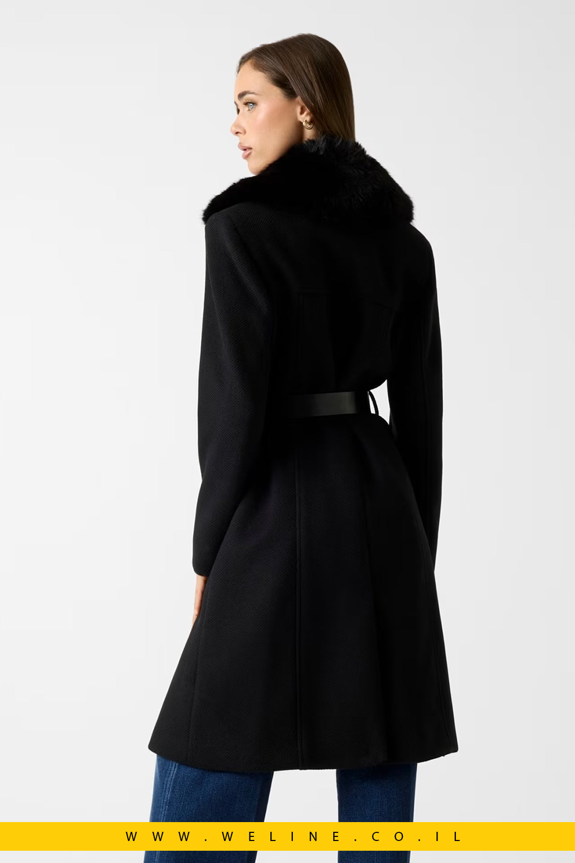 מעיל מידי דו־שכבתי עם חגורה ושיער סינתטי – Wool-Blend Belted Coat שחור