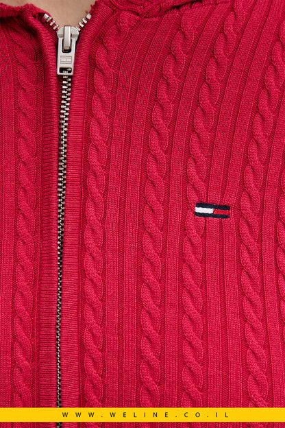 ג’אמפר Tommy Jeans לנשים עם קפוצ’ון – צבע בורדו