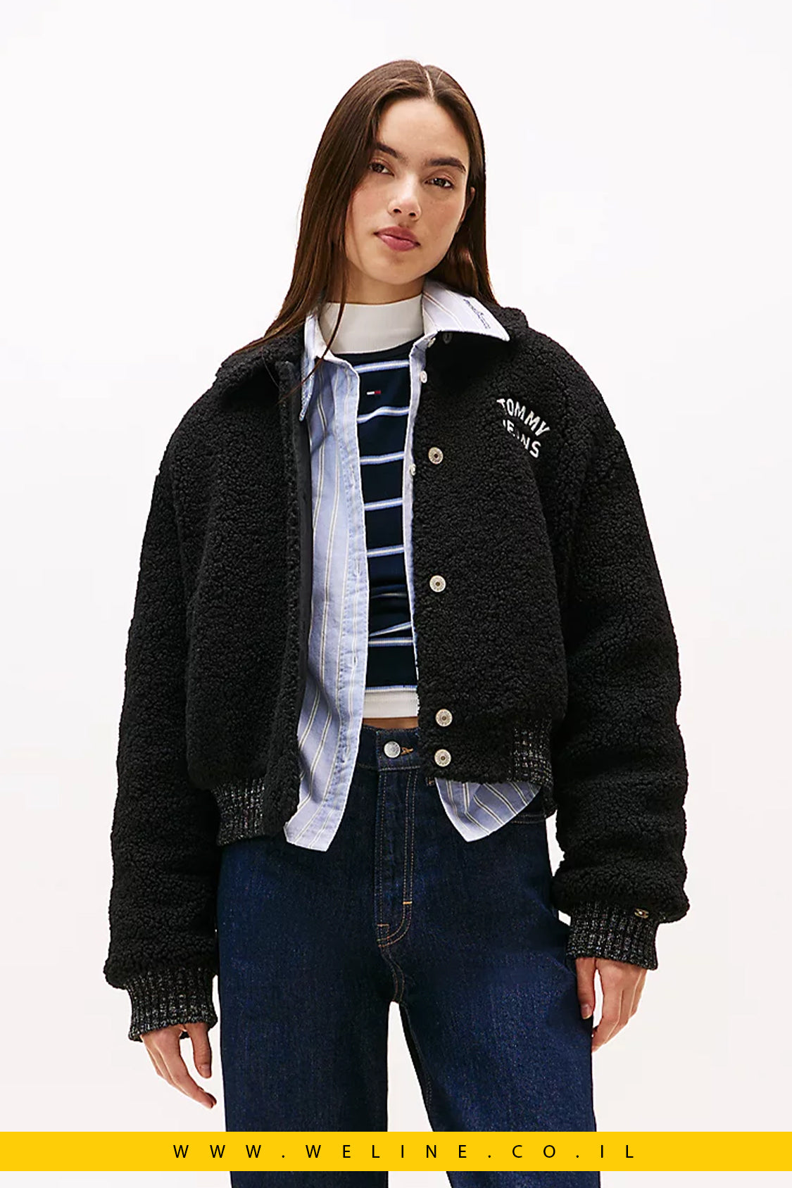 מעיל בומבר נשים Tommy Jeans Varsity Teddy – לוגו גב, גזרת Relaxed
