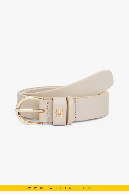 חגורת עור Tommy Hilfiger Essential TH Monogram Leather Belt – צבע בז’ קלאסי