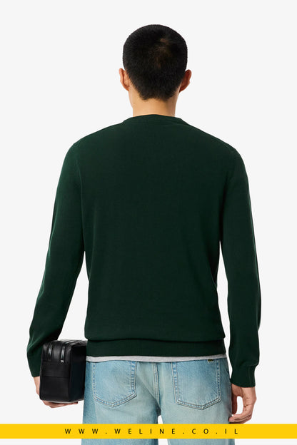 סוודר ירוק כותנה חלק עם צווארון עגול lacoste