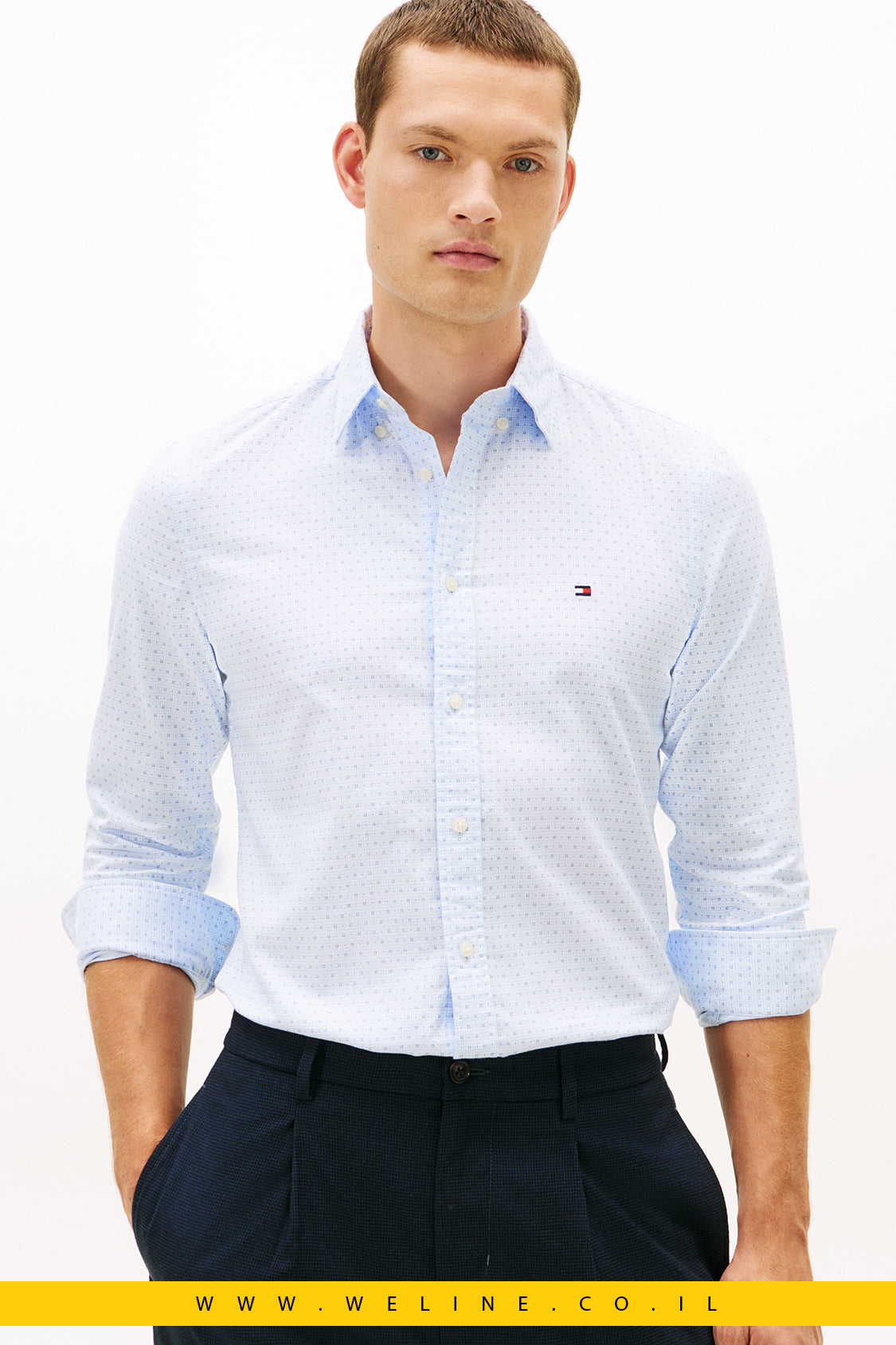חולצת מכופתרת לגברים Tommy Hilfiger Flex Poplin Mini Print Slim Shirt – טומי הילפיגר | Slim Fit