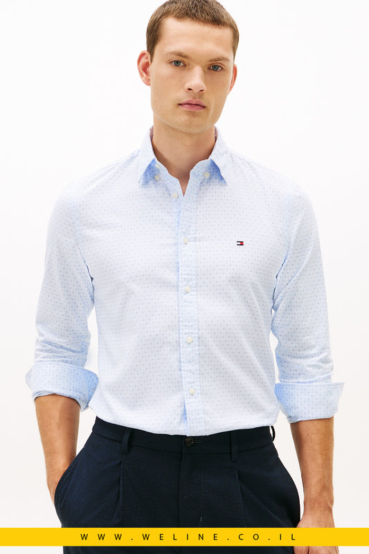 חולצת מכופתרת לגברים Tommy Hilfiger Flex Poplin Mini Print Slim Shirt – טומי הילפיגר | Slim Fit