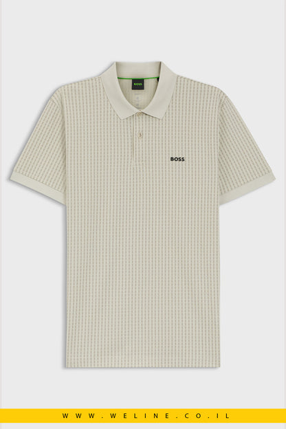 חולצת פולו גברים BOSS Cotton-Piqué Polo Shirt With All-Over Print – צבע Light Beige