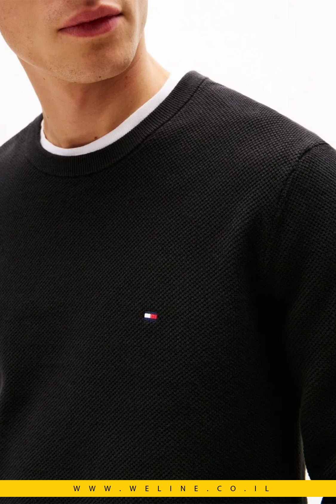 סוודר סריג גברים Tommy Hilfiger – טקסטורה מיוחדת, שחור Regular Fit