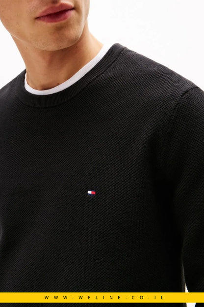 סוודר סריג גברים Tommy Hilfiger – טקסטורה מיוחדת, שחור Regular Fit