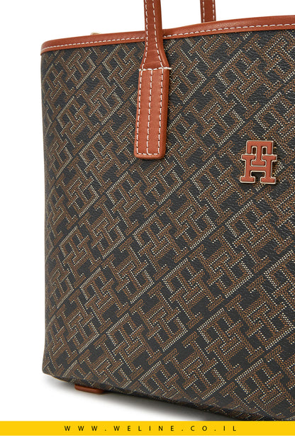 תיק יד גדול לנשים Tommy Hilfiger - דגם Th Monoplay Leather Mini Tote בצבע שחור