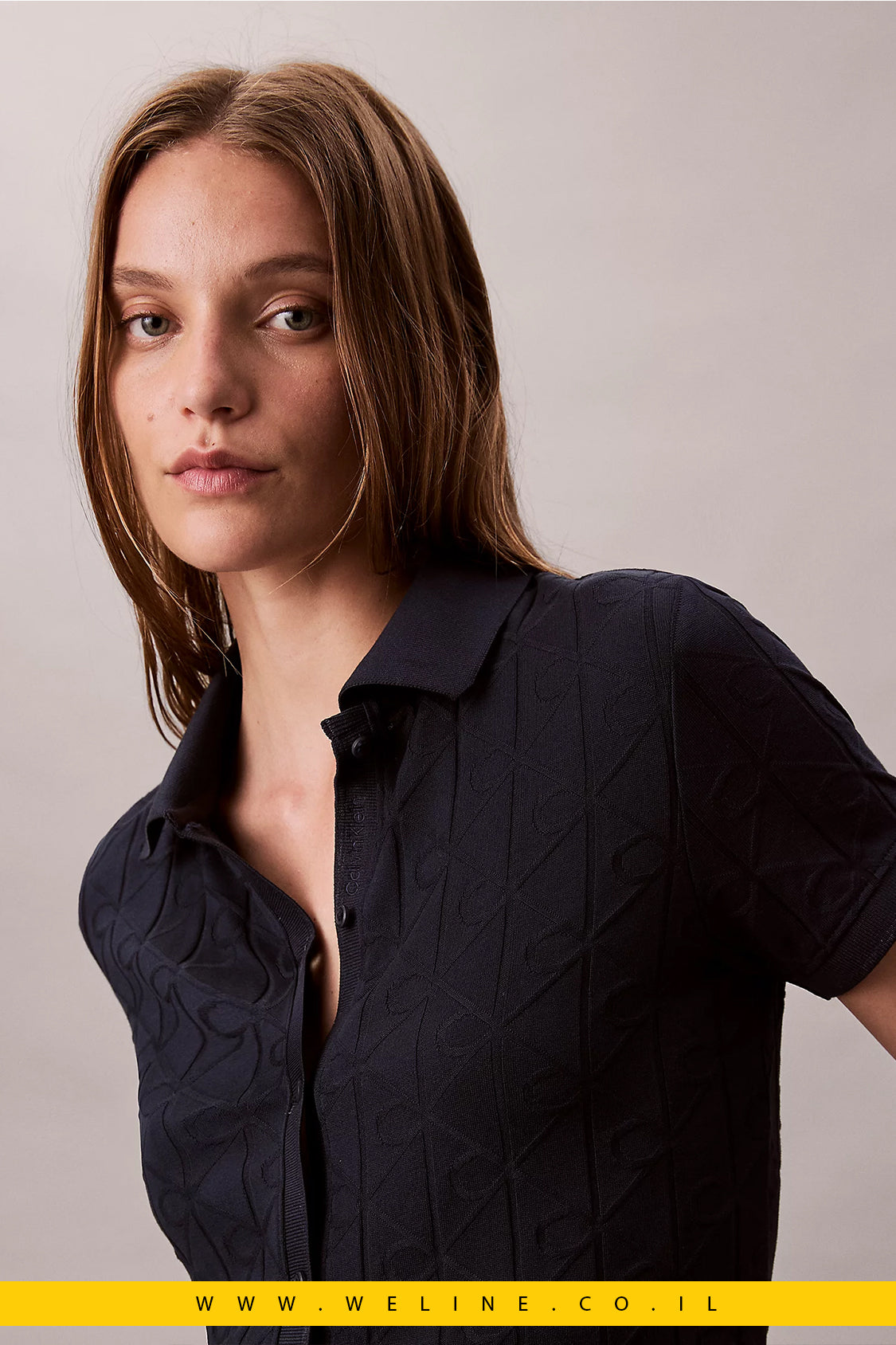 חולצת פולו נשים Calvin Klein Monogram Jacquard – כחול Dark Sapphire