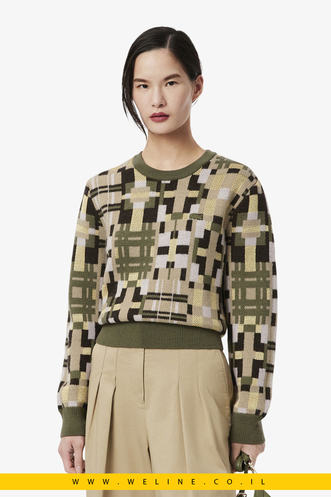 סוודר צמר ג’קארד גרפי עם צווארון עגול מבית Lacoste