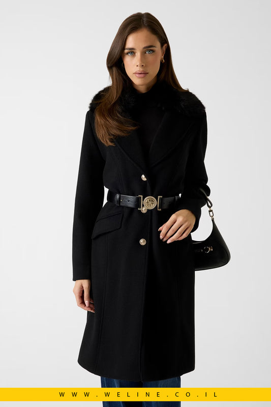 מעיל מידי דו־שכבתי עם חגורה ושיער סינתטי – Wool-Blend Belted Coat שחור
