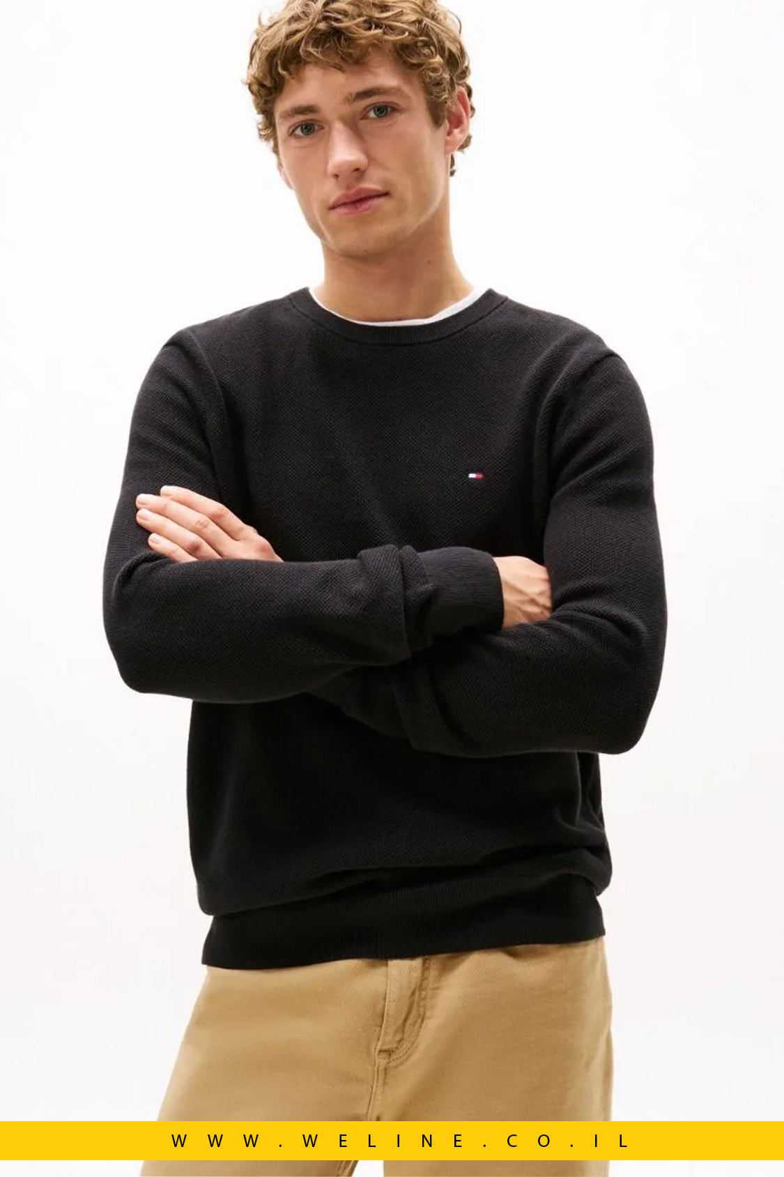 סוודר סריג גברים Tommy Hilfiger – טקסטורה מיוחדת, שחור Regular Fit