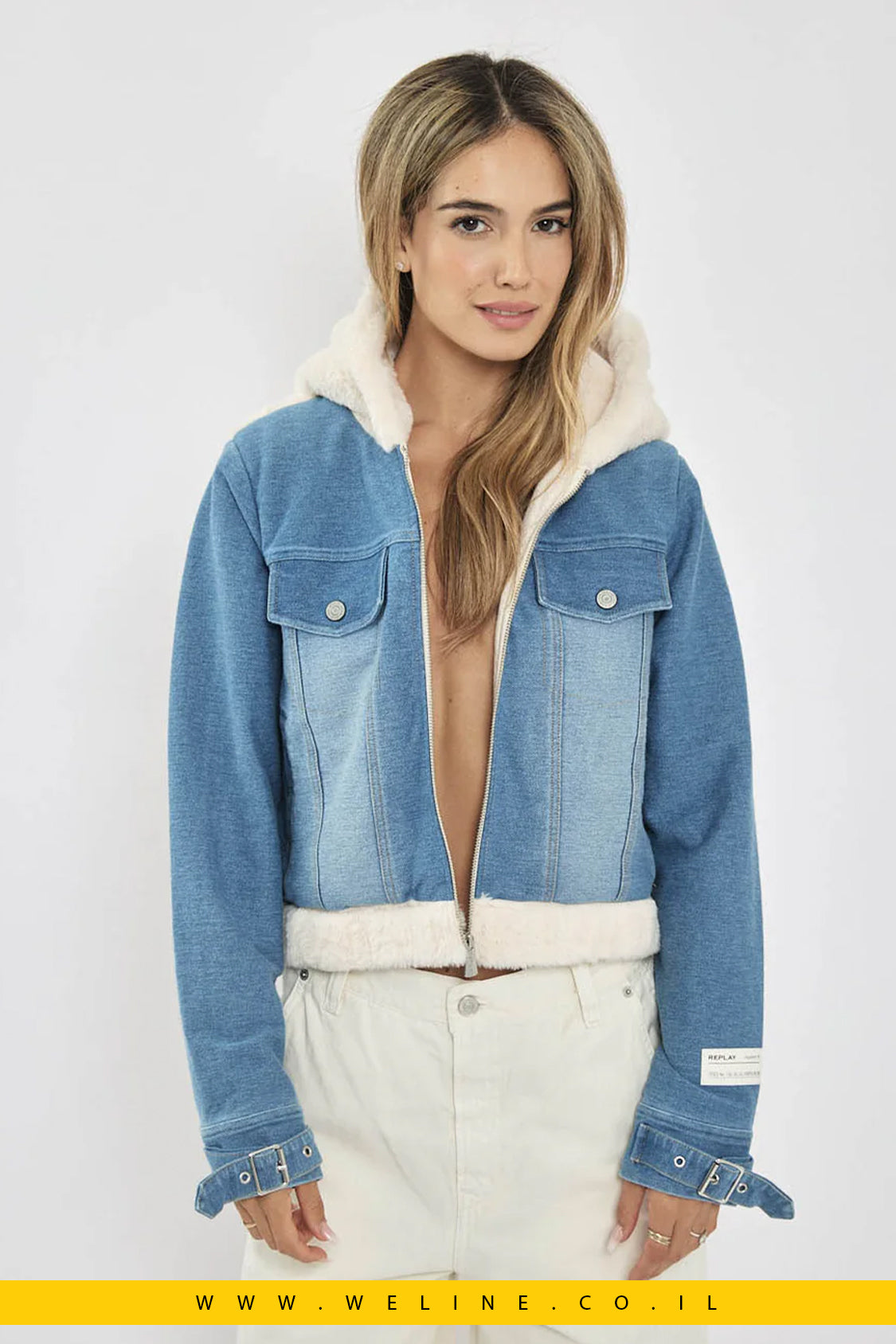 ג'קט גינס קצר לנשים בצבע קרם