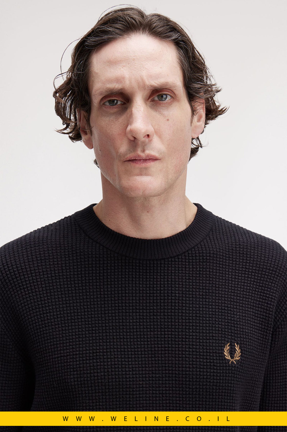 סריג וואפל לגברים – צווארון עגול, שחור