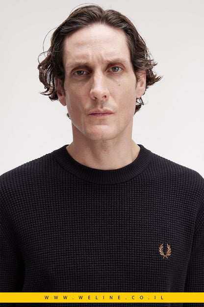 סריג וואפל לגברים – צווארון עגול, שחור