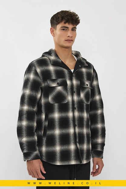 ג'קט דו-צדדית לגברים משובצת בצבע שחור ולבן עם קפוצ'ון