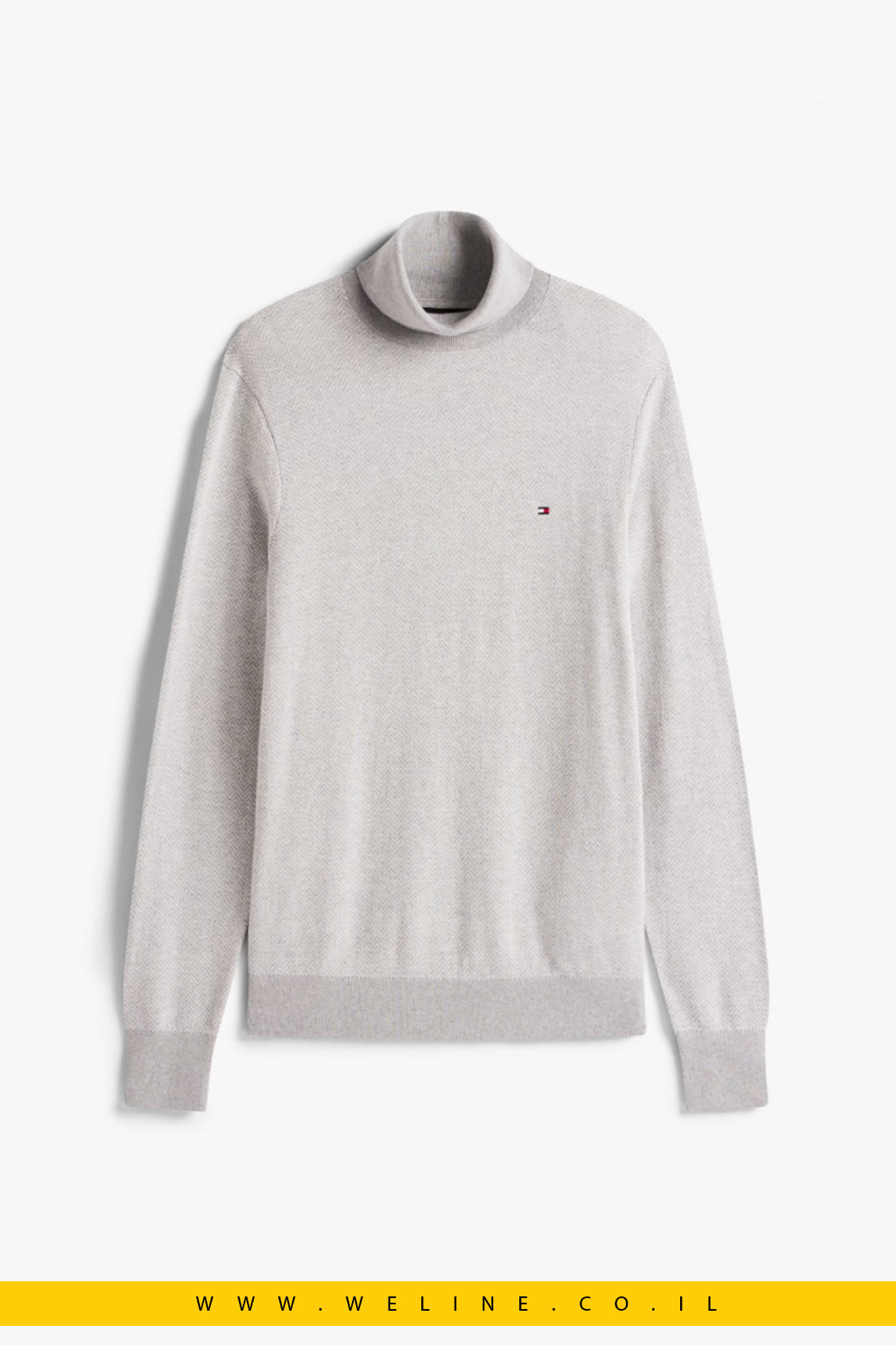 Tommy Hilfiger Pima Cotton Cashmere Herringbone Roll Neck Jumper – סוודר גולף לגברים דוגמת הרינגבון בצבע אפור בהיר