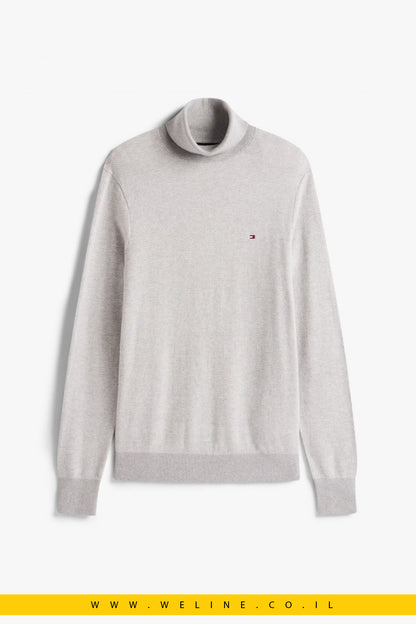 Tommy Hilfiger Pima Cotton Cashmere Herringbone Roll Neck Jumper – סוודר גולף לגברים דוגמת הרינגבון בצבע אפור בהיר
