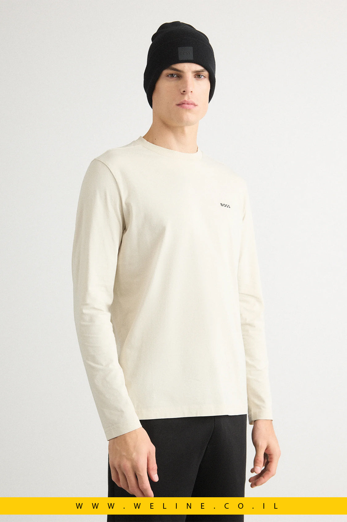 טי־שירט שרוול ארוך מכותנה סטרצ’ עם לוגו קונטרסטי לגברים מבית BOSS