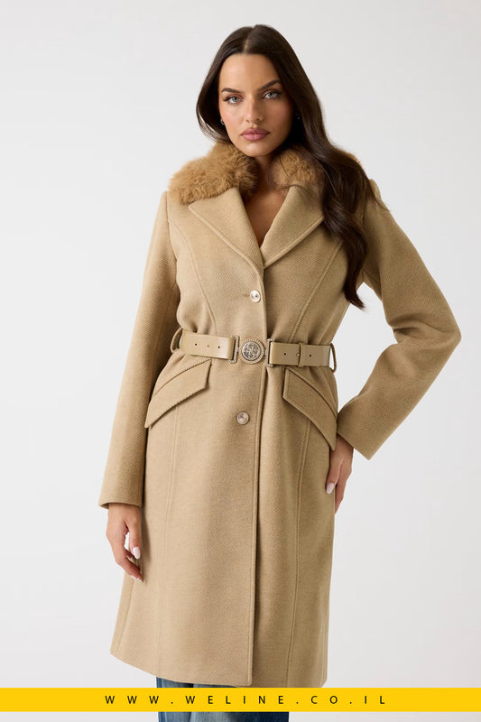 מעיל מידי דו־שכבתי עם חגורה ושיער סינתטי – Wool-Blend Belted Coat (חום בהיר)