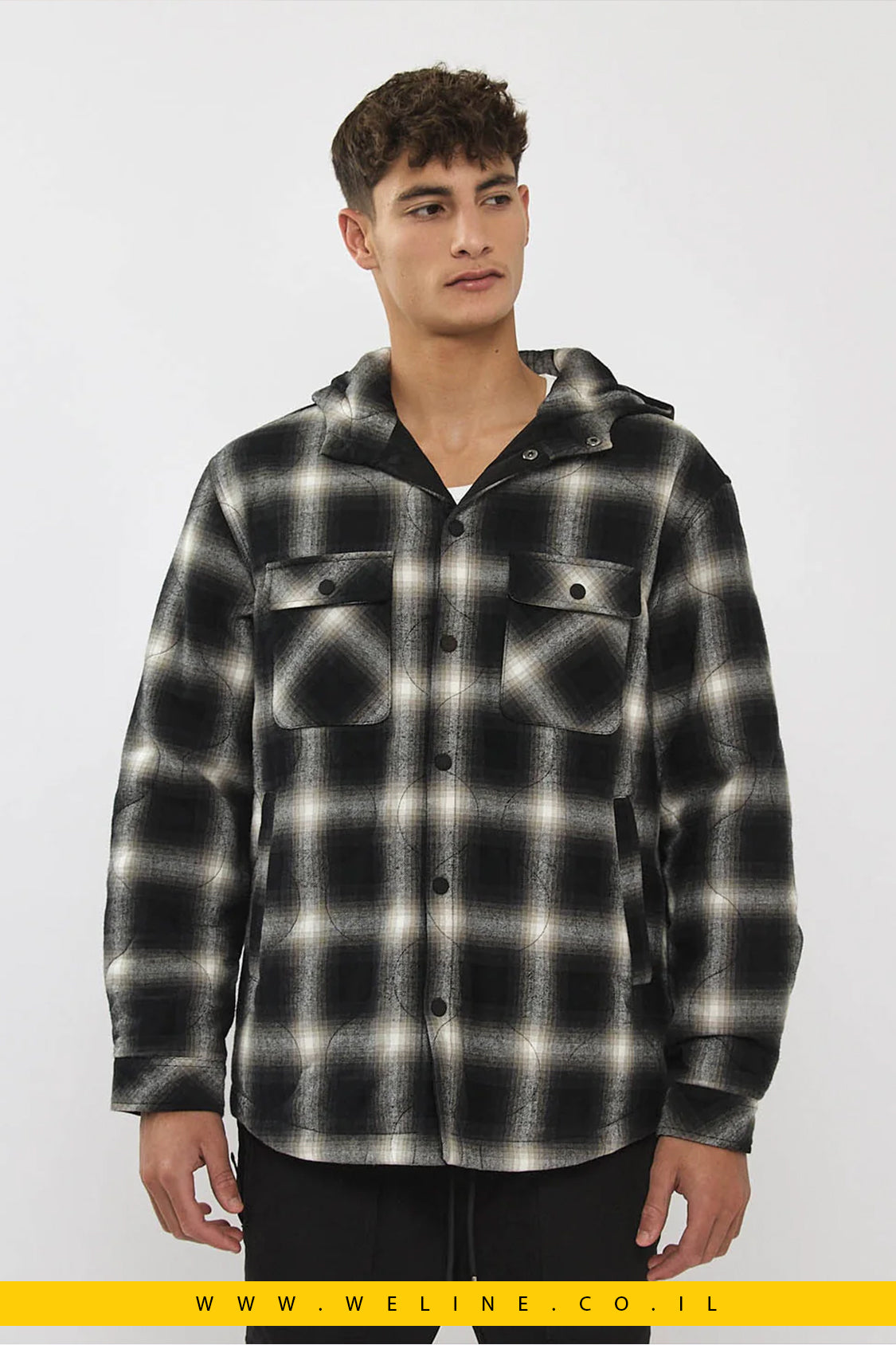 ג'קט דו-צדדית לגברים משובצת בצבע שחור ולבן עם קפוצ'ון