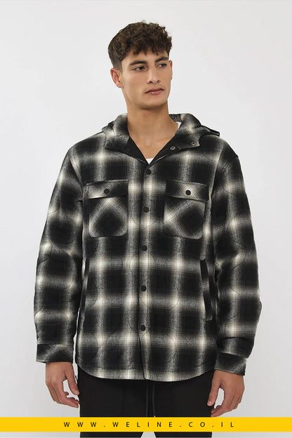 ג'קט דו-צדדית לגברים משובצת בצבע שחור ולבן עם קפוצ'ון