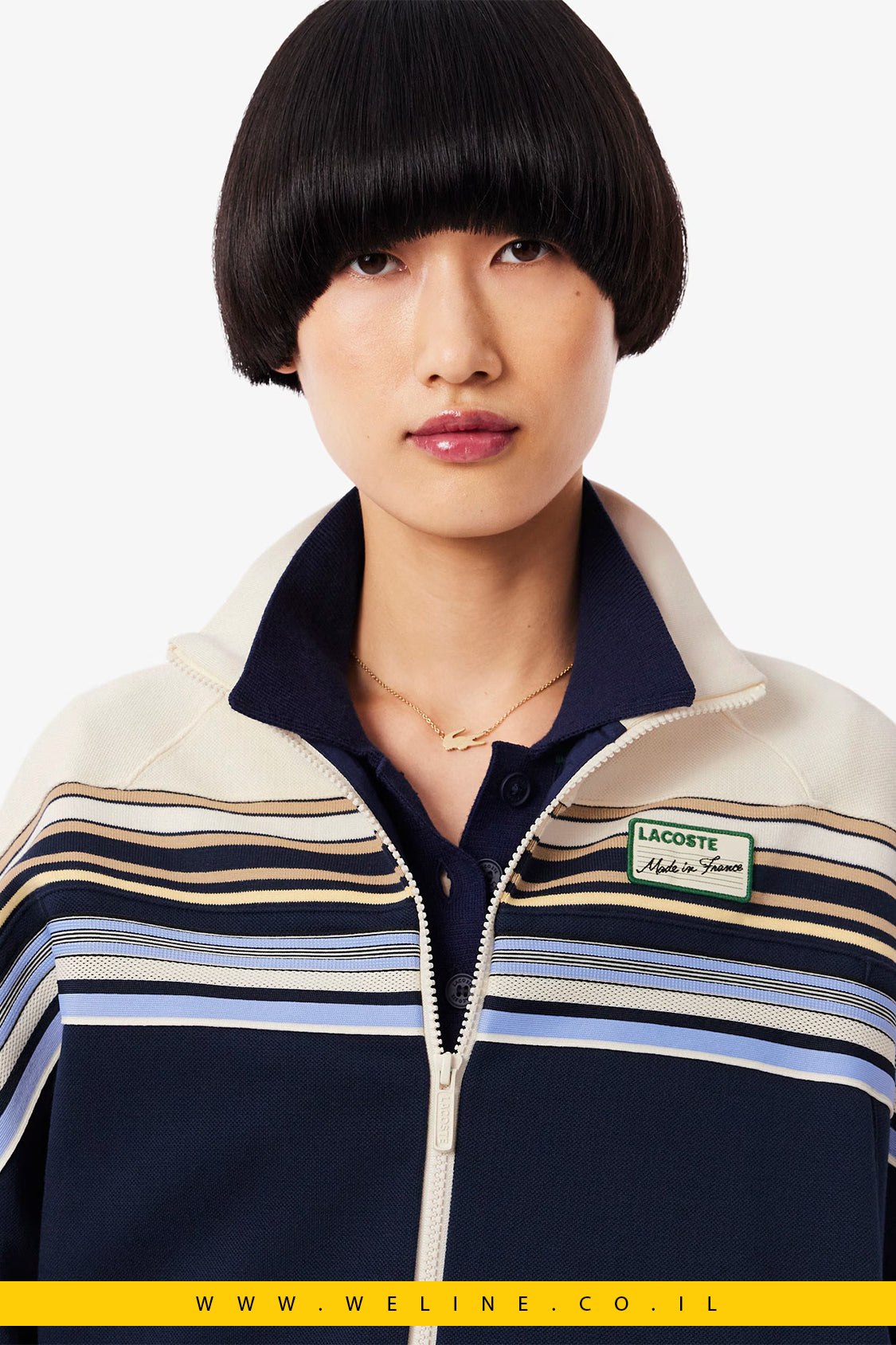 סווטשירט רוכסן Made in France מבית Lacoste – כחול נייבי / לבן