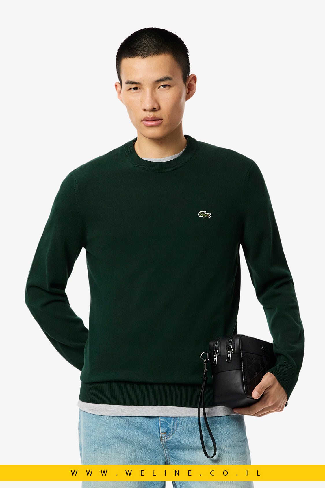 סוודר ירוק כותנה חלק עם צווארון עגול lacoste