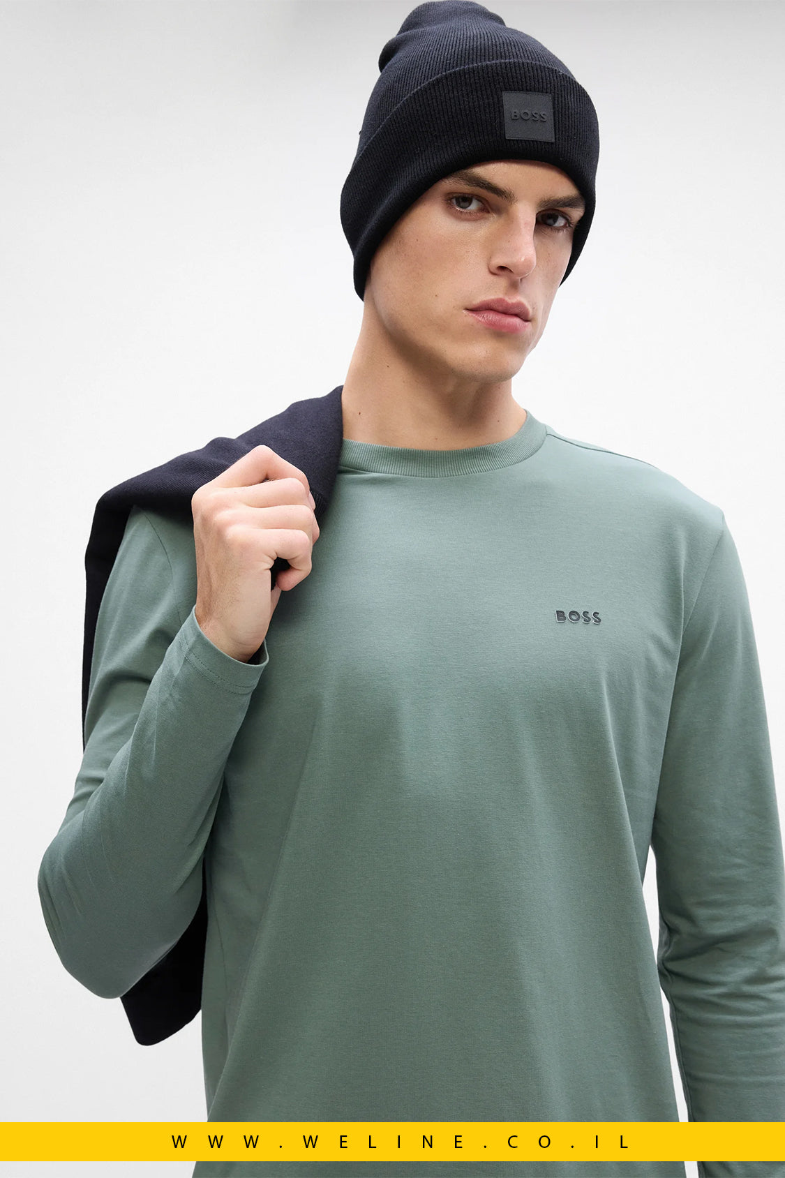 טי־שירט שרוול ארוך מכותנה סטרצ’ עם לוגו קונטרסטי לגברים מבית BOSS