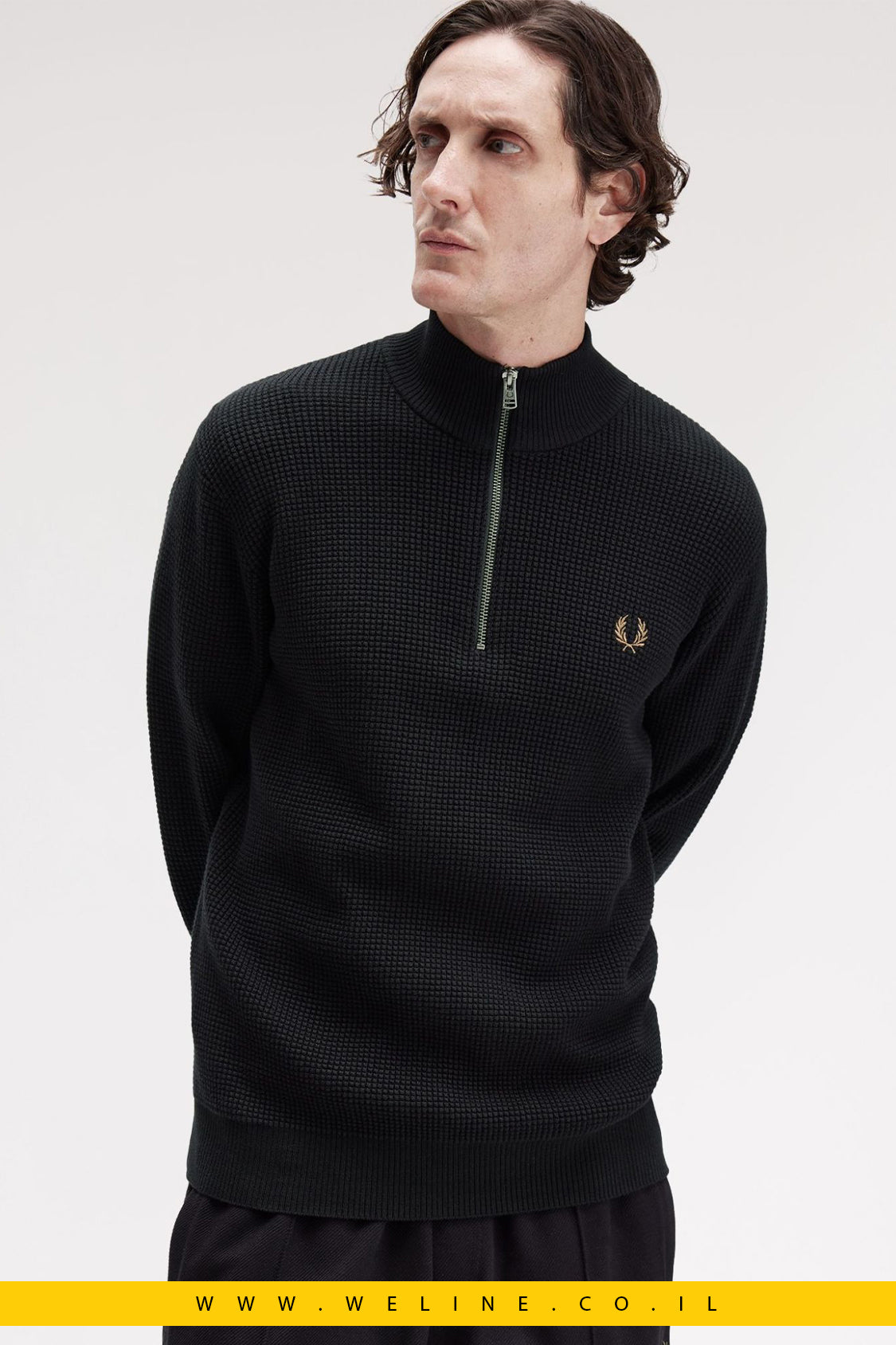 סוודר חצי רוכסן בטקסטורת וופל – Fred Perry Waffle Stitch Half Zip (Black)