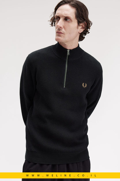 סוודר חצי רוכסן בטקסטורת וופל – Fred Perry Waffle Stitch Half Zip (Black)