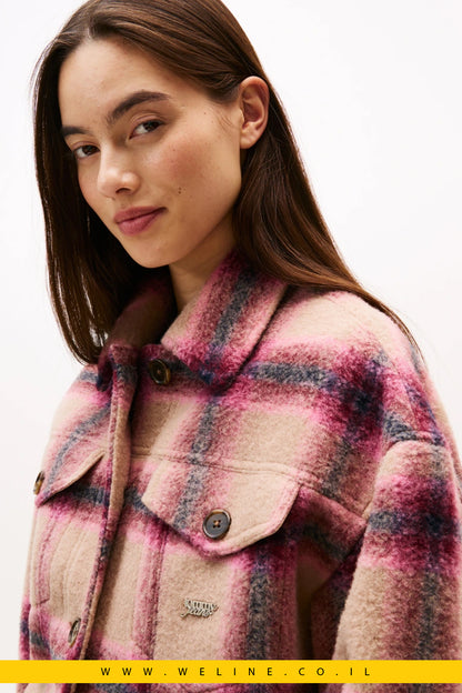 ג׳קט טרקר לנשים Tommy Jeans מצמר משולב עם לוגו – משבצות ורוד Mystic Pink