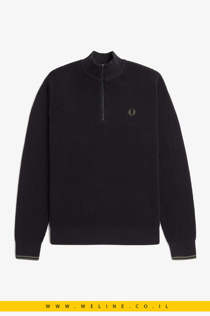 סוודר חצי רוכסן בטקסטורת וופל – Fred Perry Waffle Stitch Half Zip (Black)
