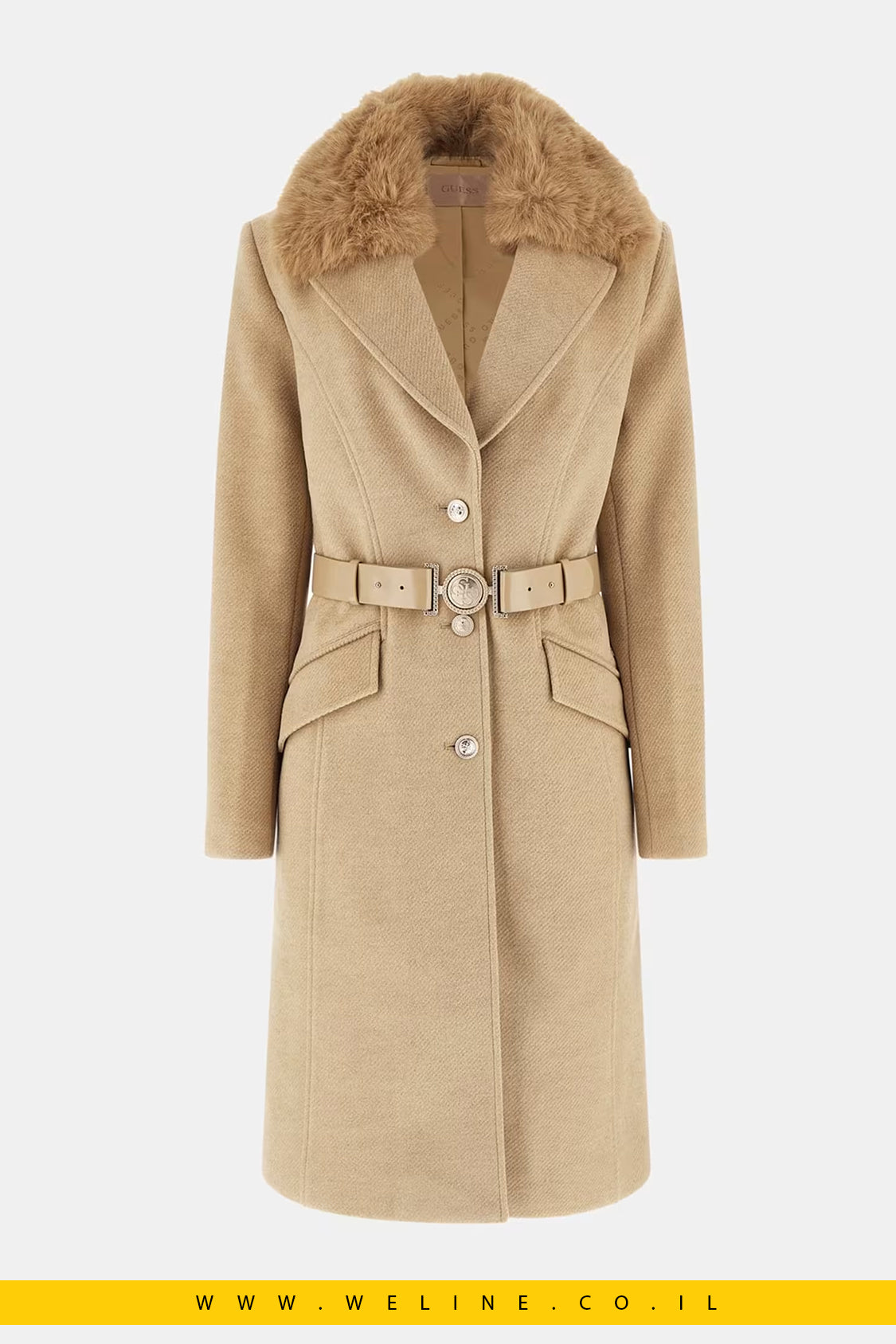 מעיל מידי דו־שכבתי עם חגורה ושיער סינתטי – Wool-Blend Belted Coat (חום בהיר)