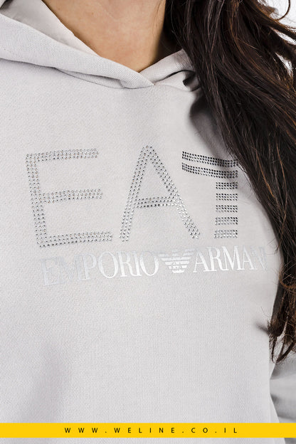 חליפת טרנינג EA7 לנשים בצבע אפור – קפוצ’ון עם לוגו קריסטלים