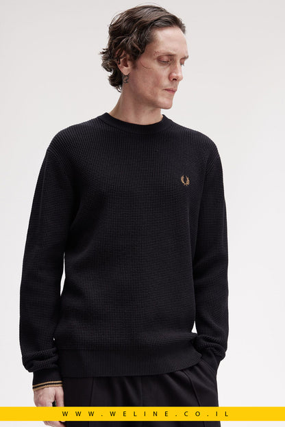 סריג וואפל לגברים – צווארון עגול, שחור