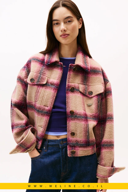 ג׳קט טרקר לנשים Tommy Jeans מצמר משולב עם לוגו – משבצות ורוד Mystic Pink