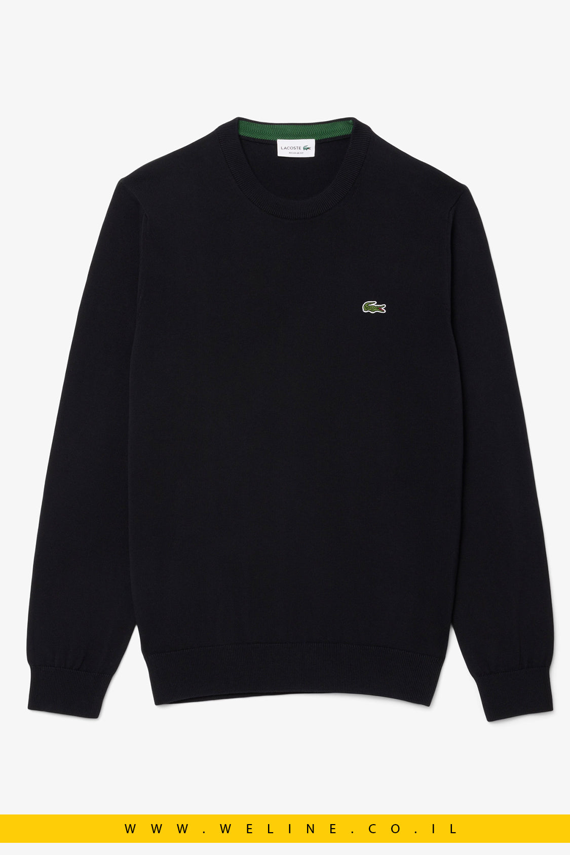 סוודר שחור כותנה חלק עם צווארון עגול lacoste