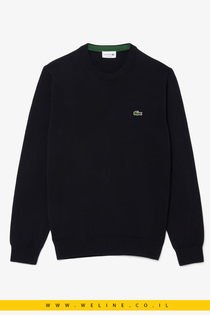 סוודר שחור כותנה חלק עם צווארון עגול lacoste