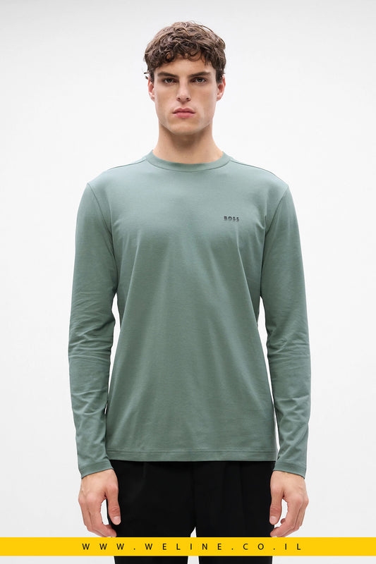 טי־שירט שרוול ארוך מכותנה סטרצ’ עם לוגו קונטרסטי לגברים מבית BOSS
