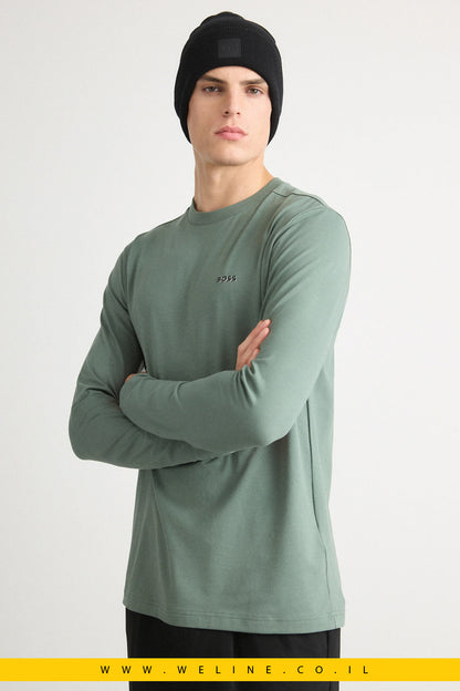 טי־שירט שרוול ארוך מכותנה סטרצ’ עם לוגו קונטרסטי לגברים מבית BOSS