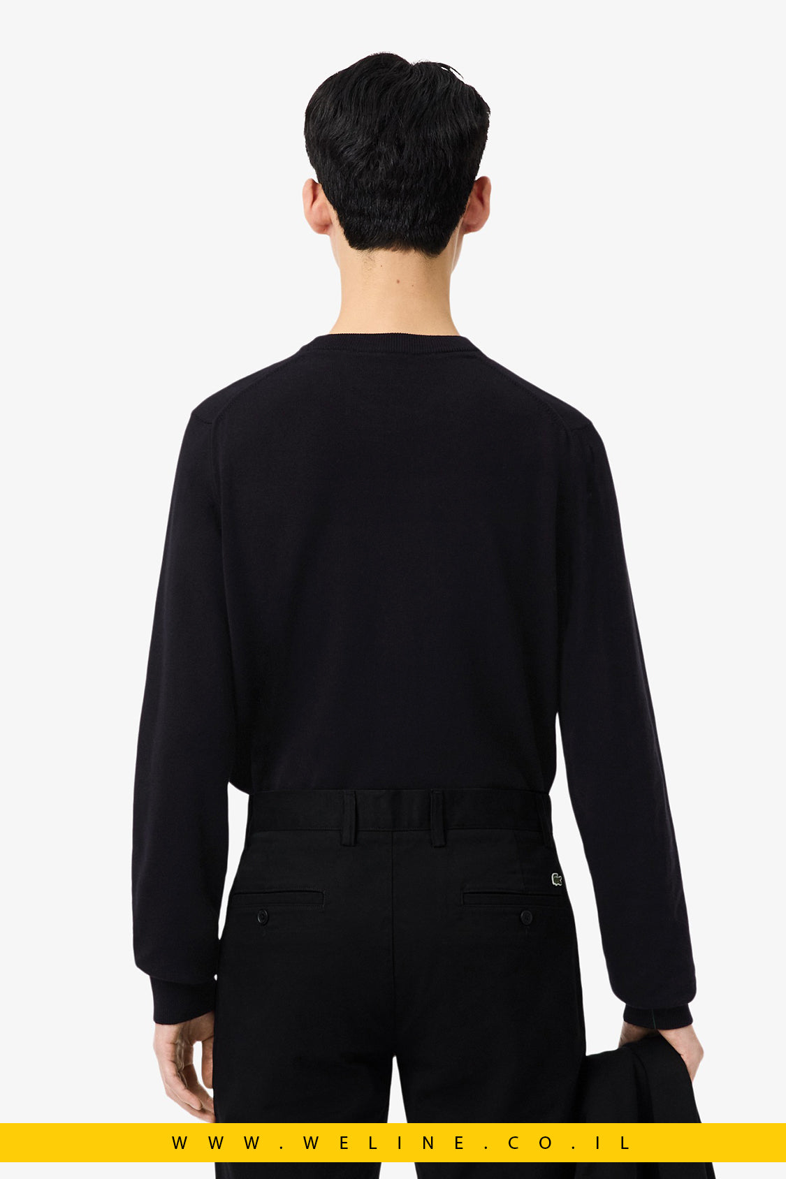 סוודר שחור כותנה חלק עם צווארון עגול lacoste