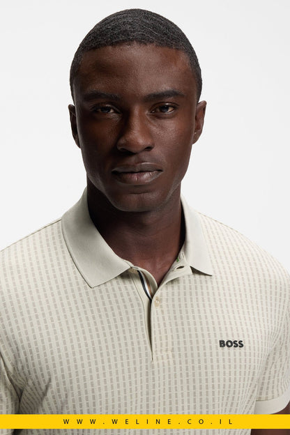 חולצת פולו גברים BOSS Cotton-Piqué Polo Shirt With All-Over Print – צבע Light Beige - WELINE.CO.IL