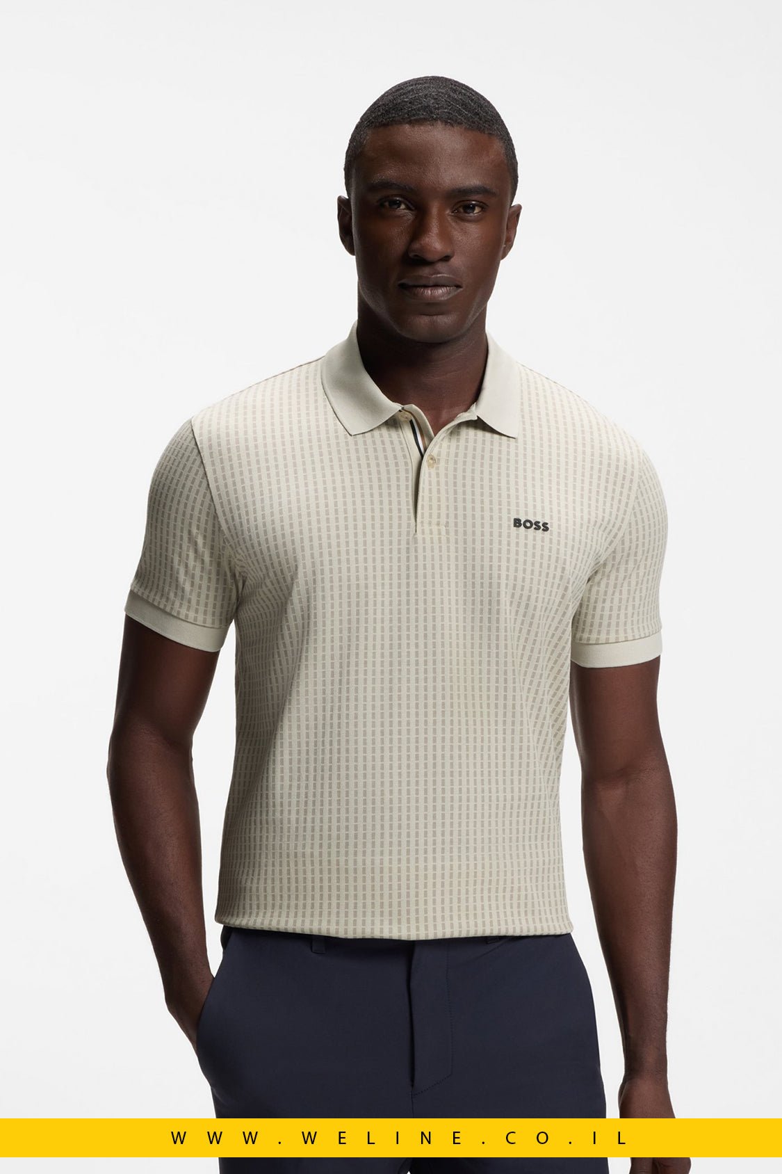 חולצת פולו גברים BOSS Cotton-Piqué Polo Shirt With All-Over Print – צבע Light Beige - WELINE.CO.IL