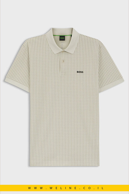 חולצת פולו גברים BOSS Cotton-Piqué Polo Shirt With All-Over Print – צבע Light Beige - WELINE.CO.IL