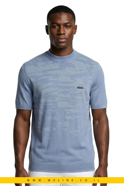 טי שירט סרוגה לגברים BOSS KN_Globe Knit T-Shirt – צבע Steel Blue - WELINE.CO.IL